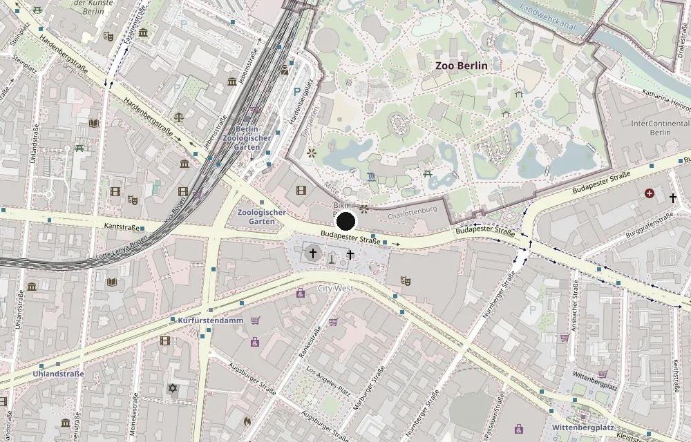 Map: Galerie Sara Lily Perez at Budapester Str. 48, 10787 Berlin, Germany, in the Bikini Berlin building next to Zoologischer Garten station and Zoo Berlin. Opens directions in Google Maps.